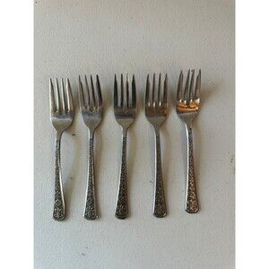 5 Vintage Interpur Florenz Floral Fleur De Lis Stainless Steel Salad Forks Set